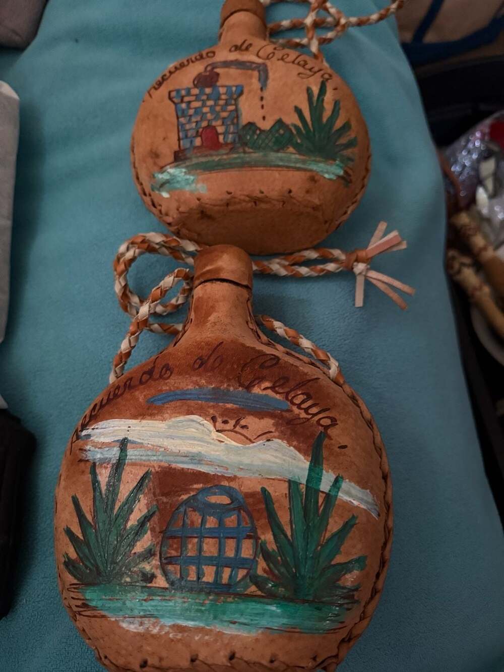 Set of 2 Vintage Hand-Painted Leather Bota Bags Recuerdo de Celaya